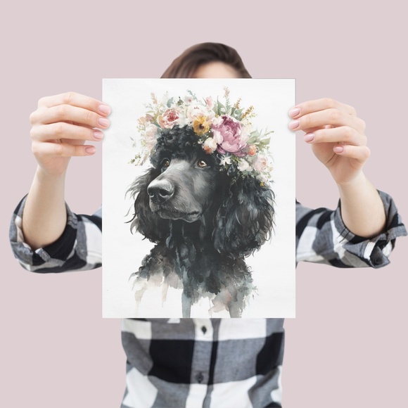 Watercolor Black Poodle with Flowers Crown Portrait Wall Art Print - Unframed - Picture 4 of 6